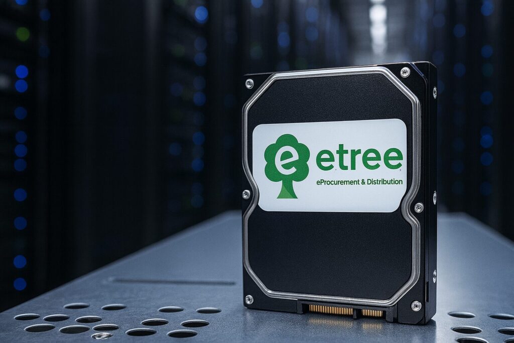 Refurbished Festplatte auf einem Server-Rack in einem modernen Datacenter mit blau beleuchteten Serverreihen im Hintergrund.